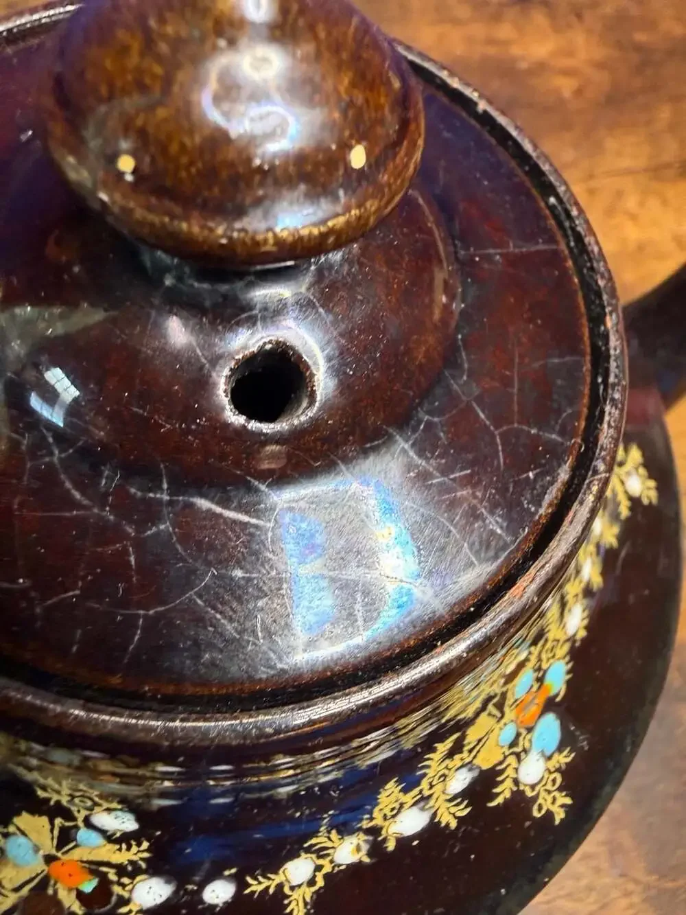 Vintage Brown Glazed Ceramic Teapot Gold Moriage Floral Beading Made in England